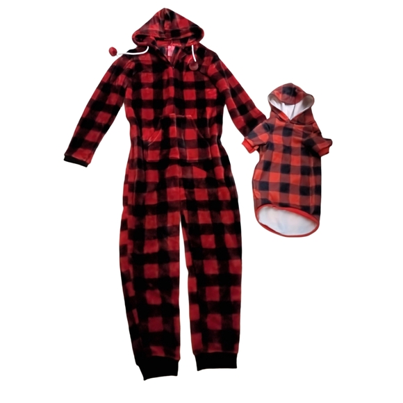 Wanted Other - Matching Buffalo Plaid Women's PJ Onsie and Dog Sweater Medium Size